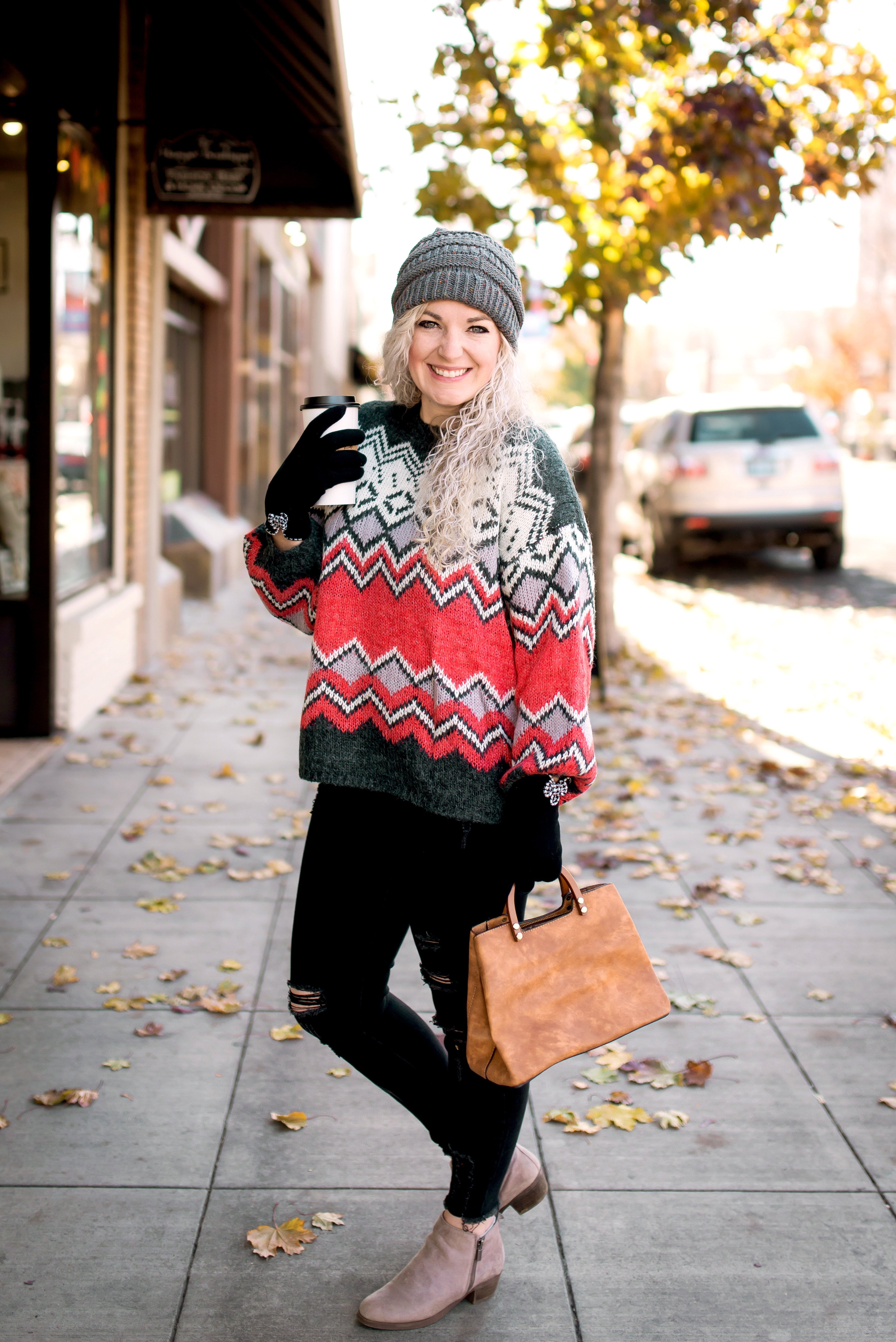 Fair Isle Sweater In Charcoal + Red