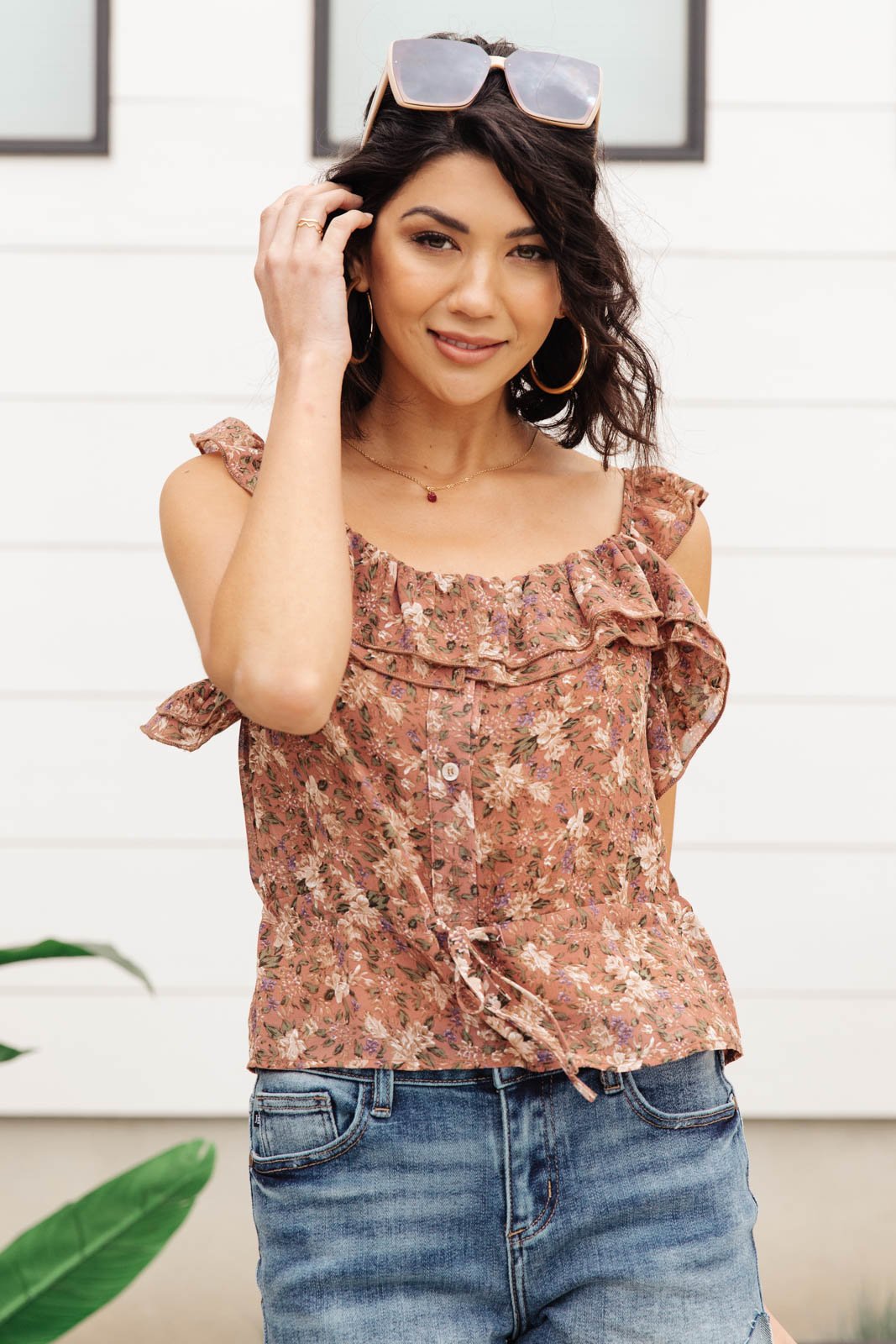 Feminine Floral Top In Rust