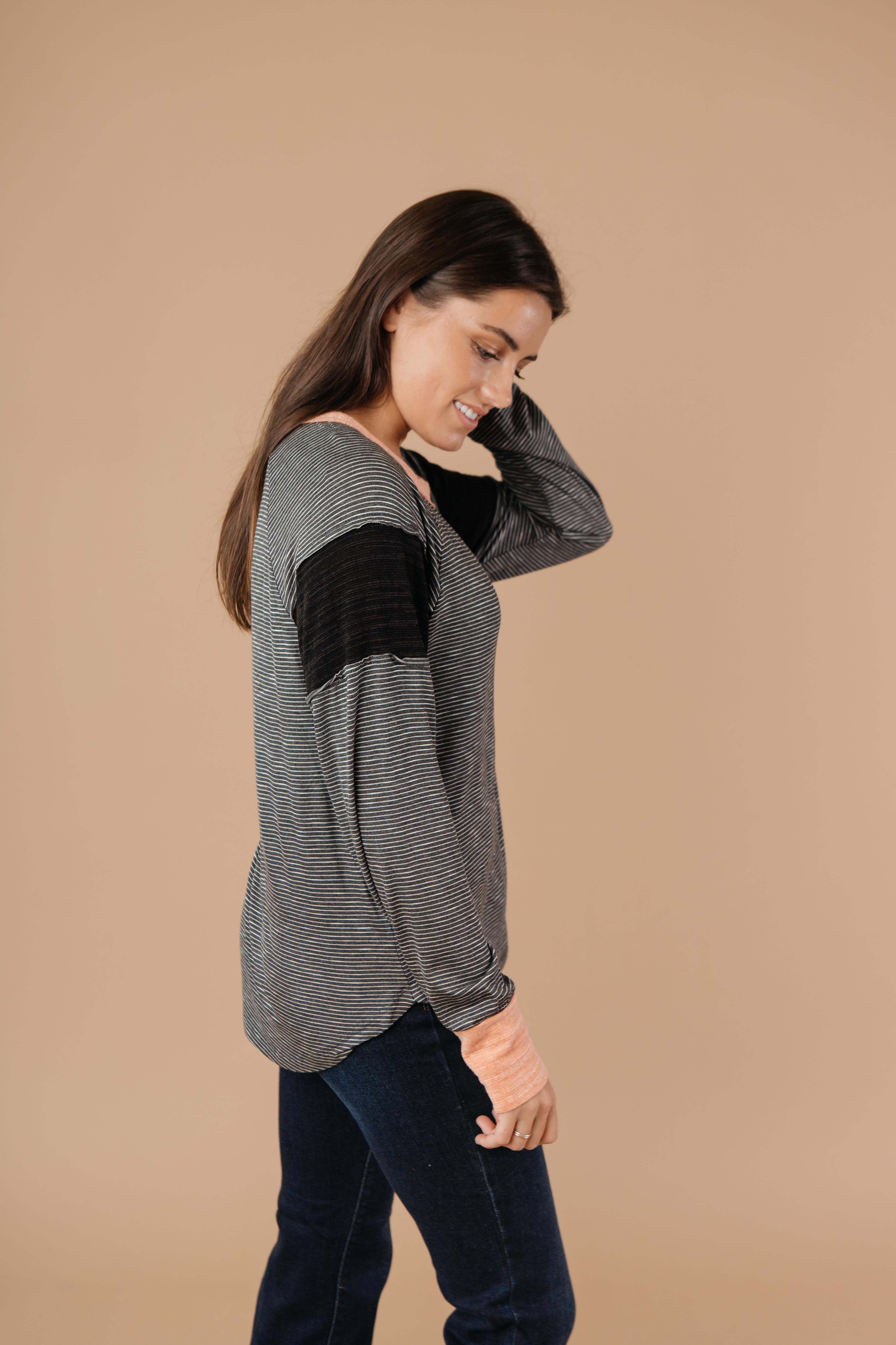 Home Base Contrast Long Sleeve Top In Black