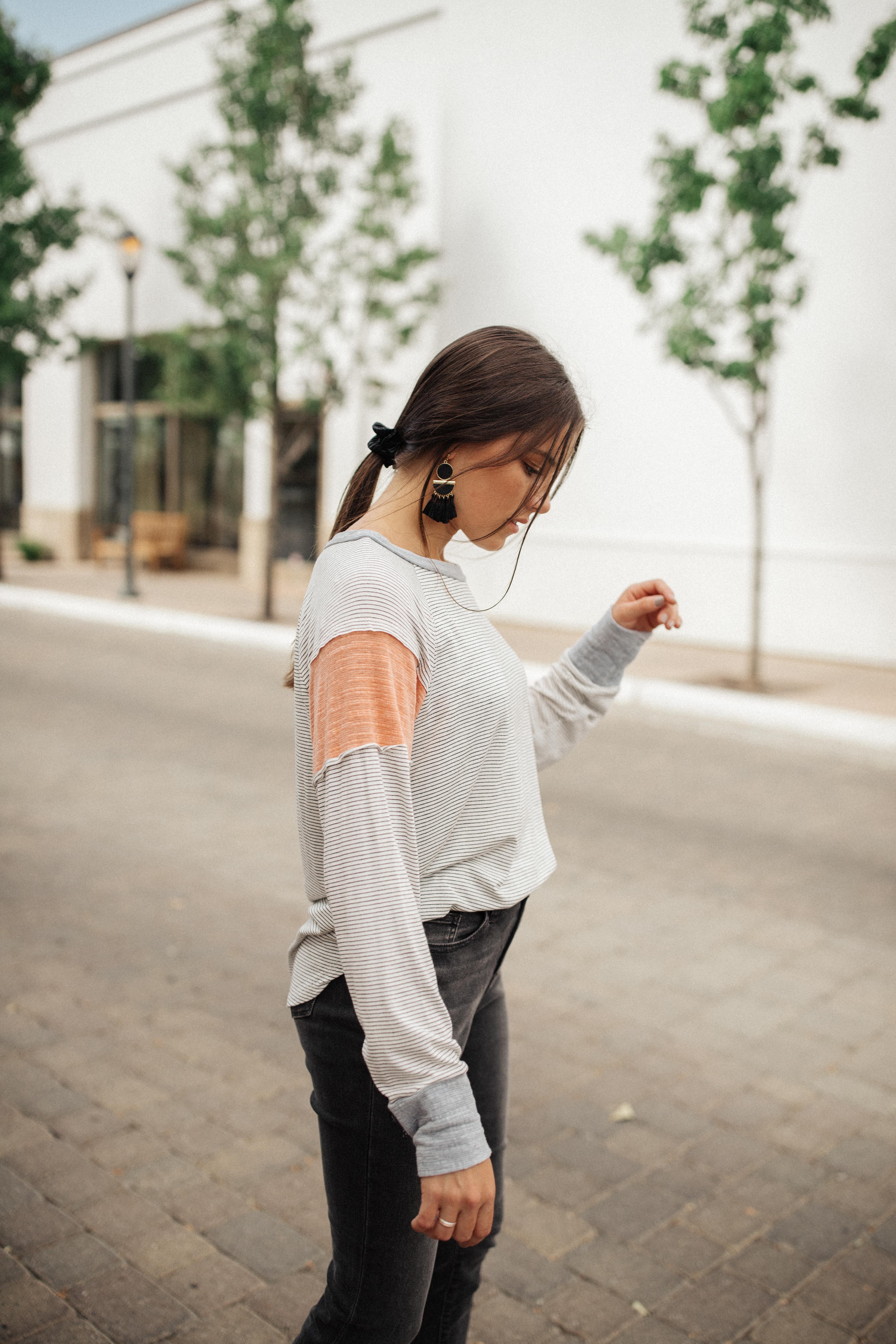 Home Base Contrast Long Sleeve Top In Heather Gray