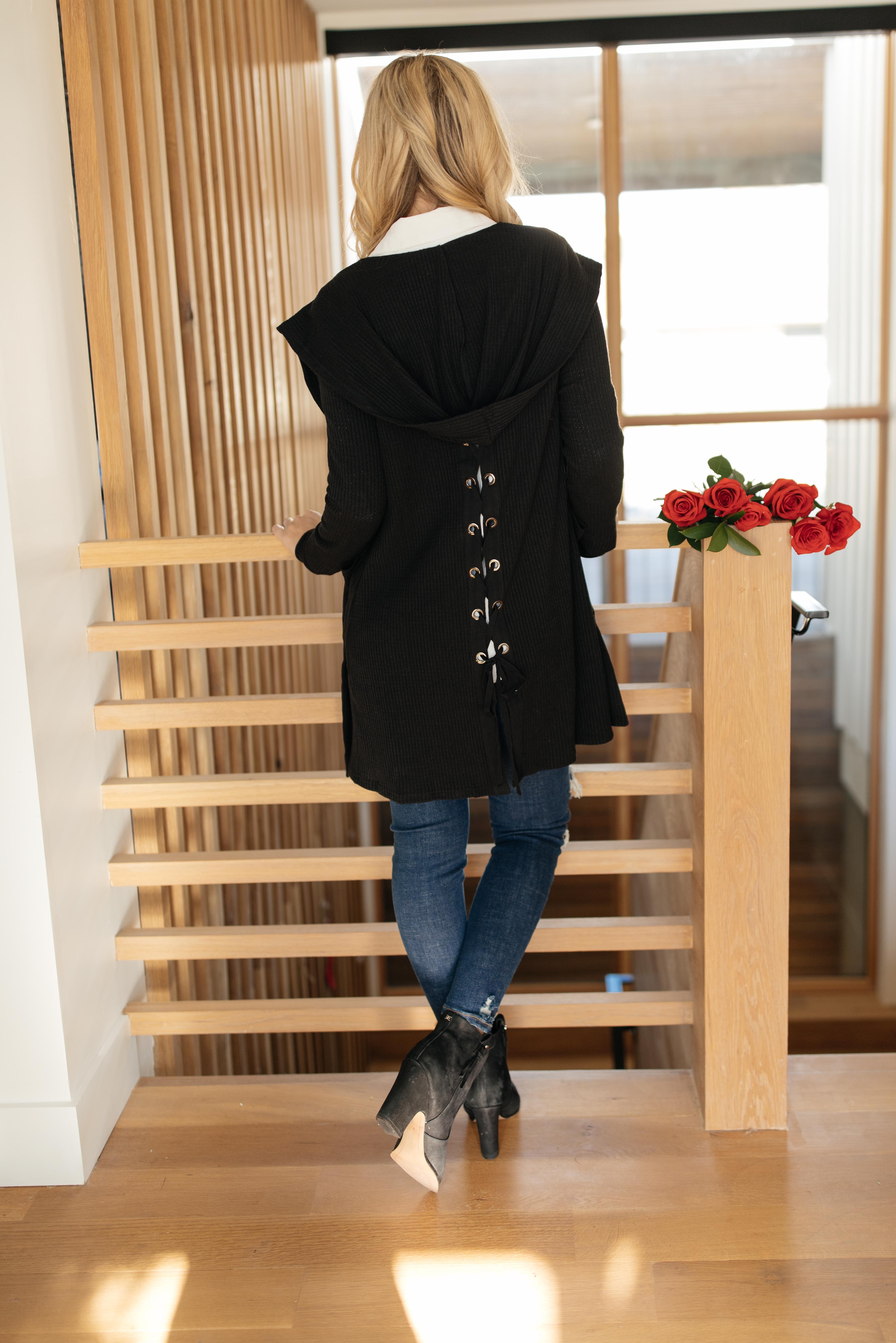 Hooded and Laced Cardigan in Black
