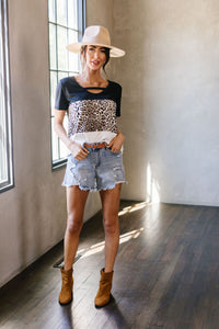 Leopard In The Middle Color Block Top In Black & White