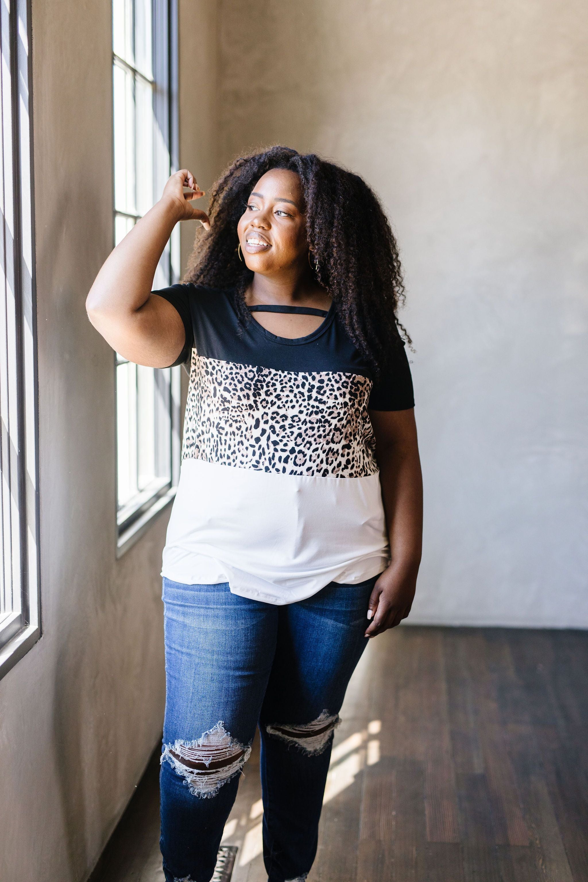 Leopard In The Middle Color Block Top In Black & White