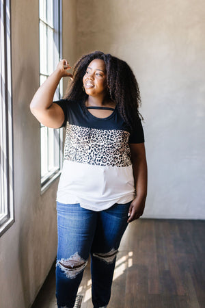 Leopard In The Middle Color Block Top In Black & White