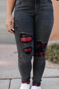 DOORBUSTER Plaid Peek-A-Boo Jeans in Charcoal