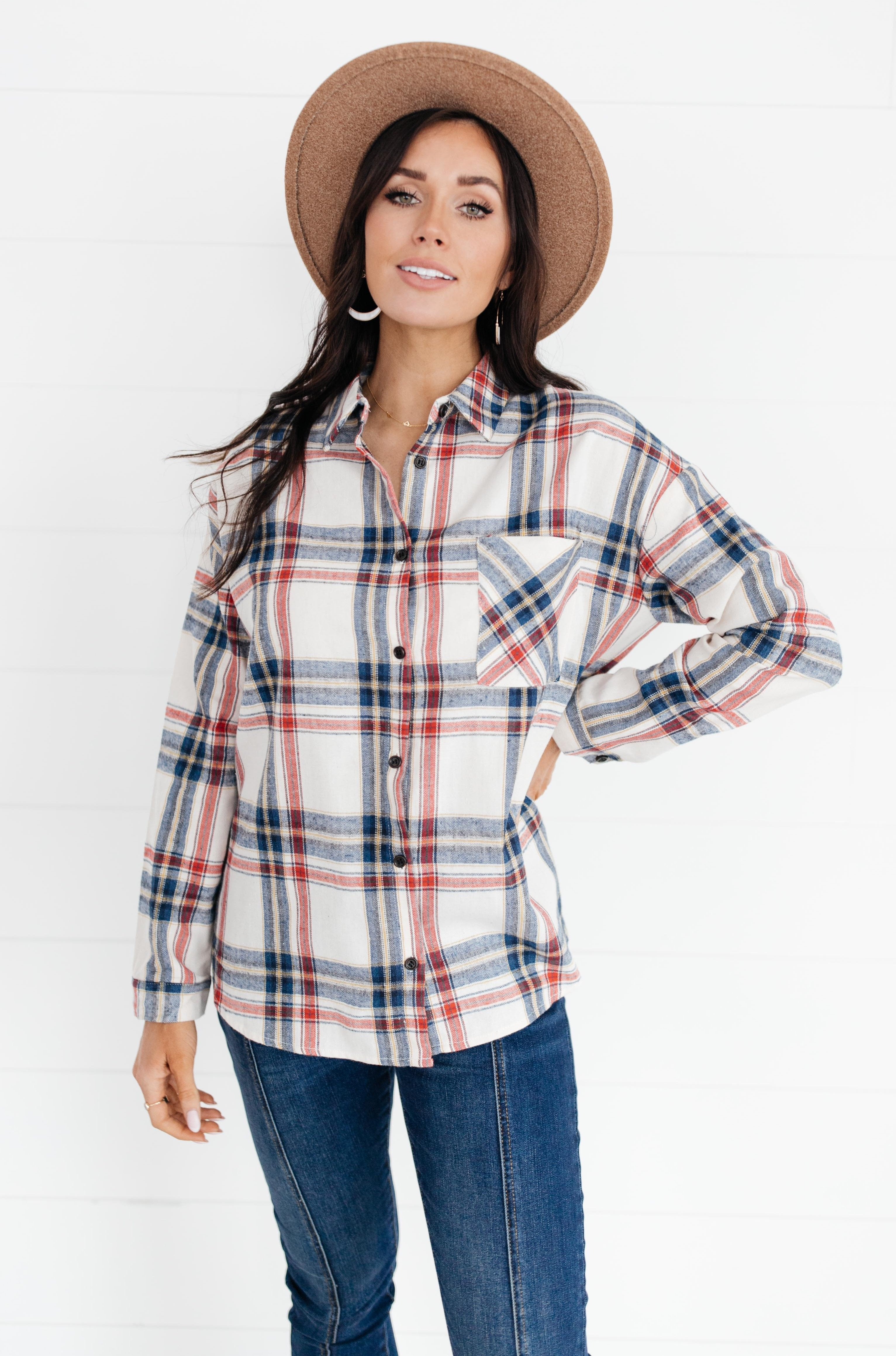 Pretty In Plaid Button-Up Top in Navy
