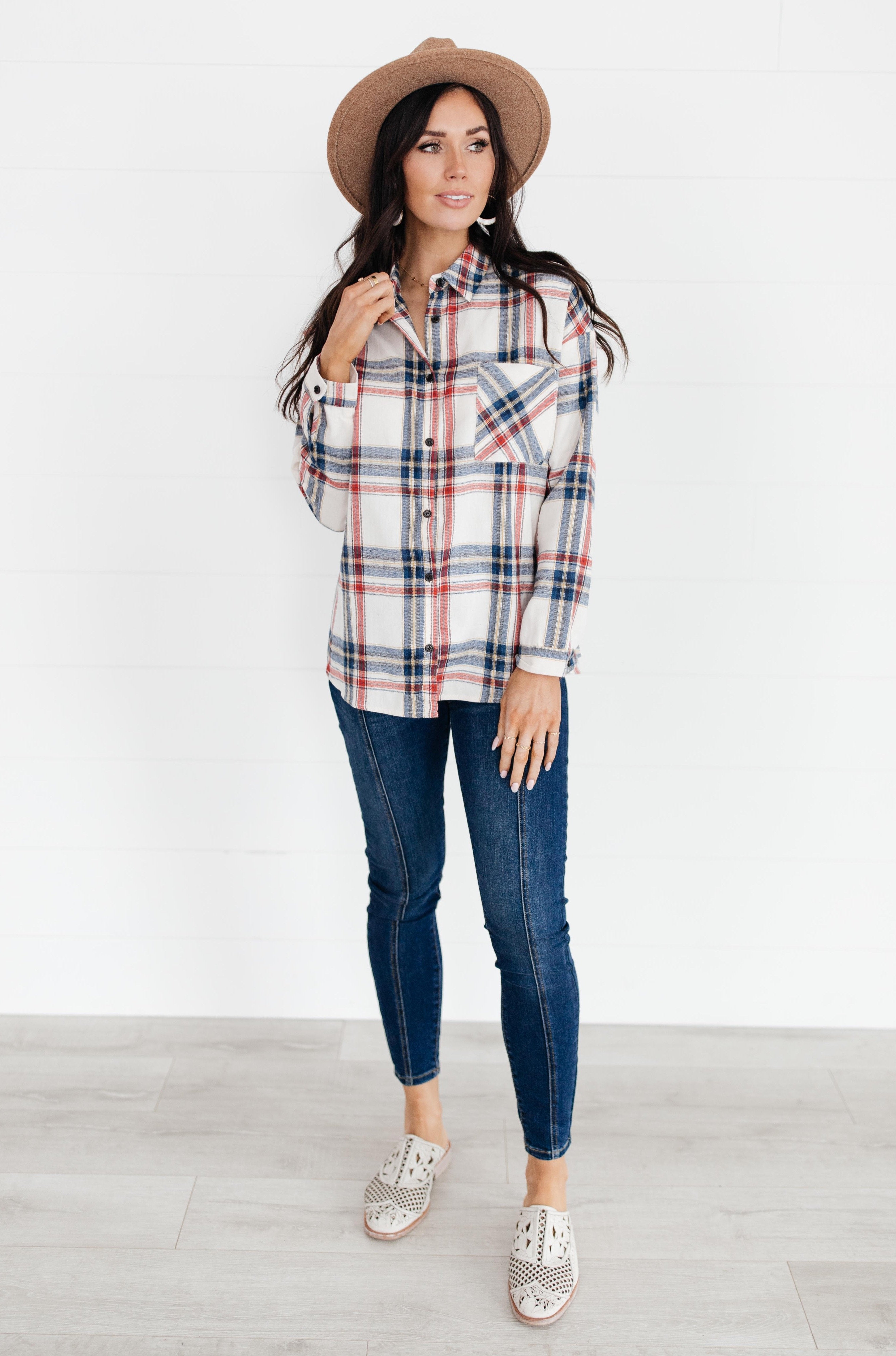 Pretty In Plaid Button-Up Top in Navy