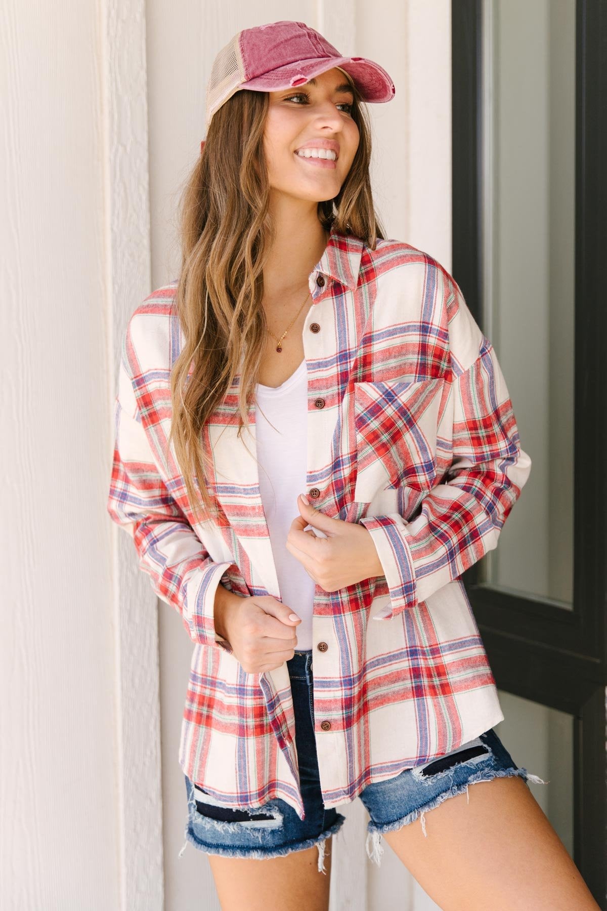 Pretty In Plaid Button-Up Top in Red