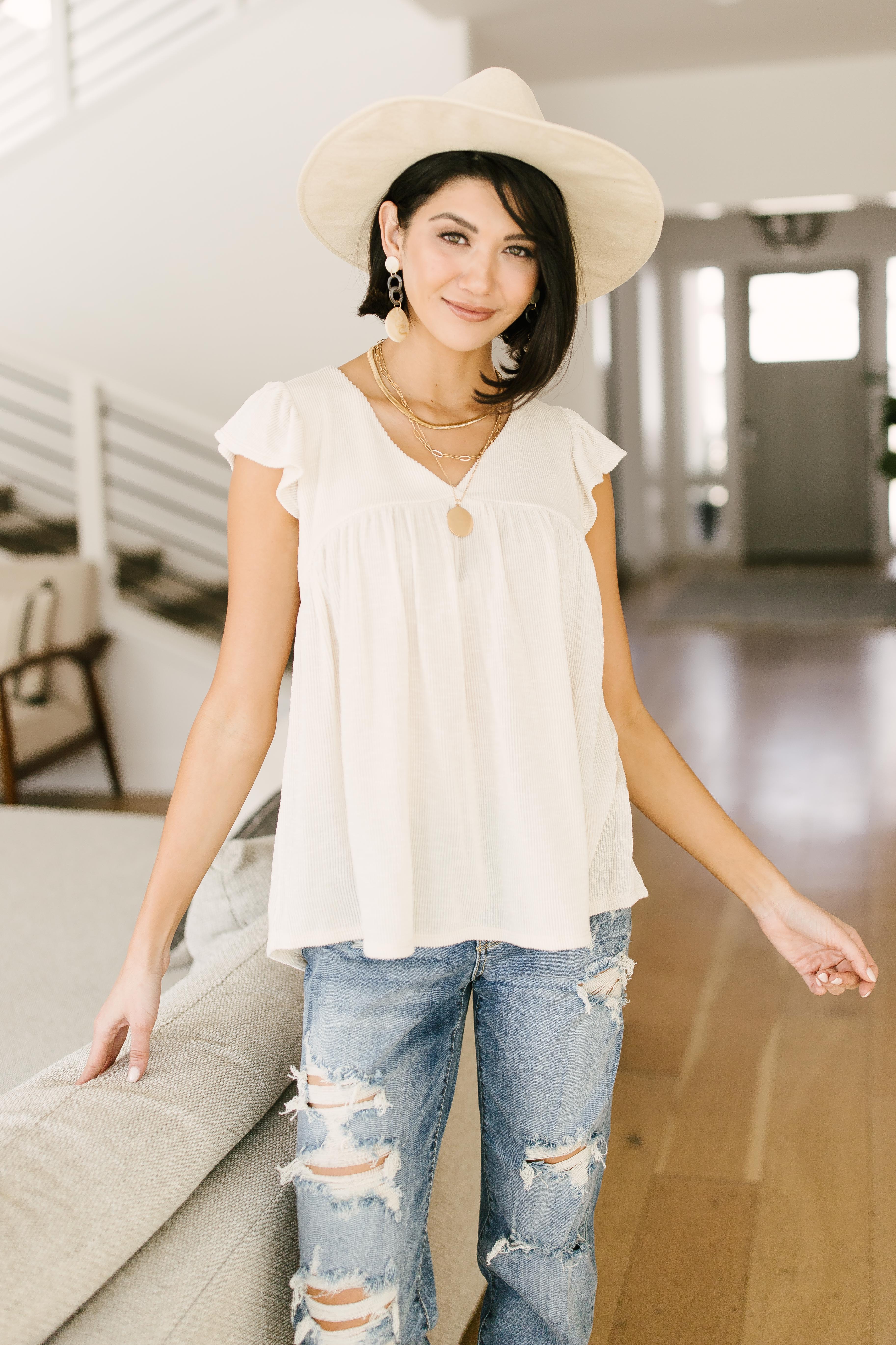 Ribbed Flutter Sleeve Top in White