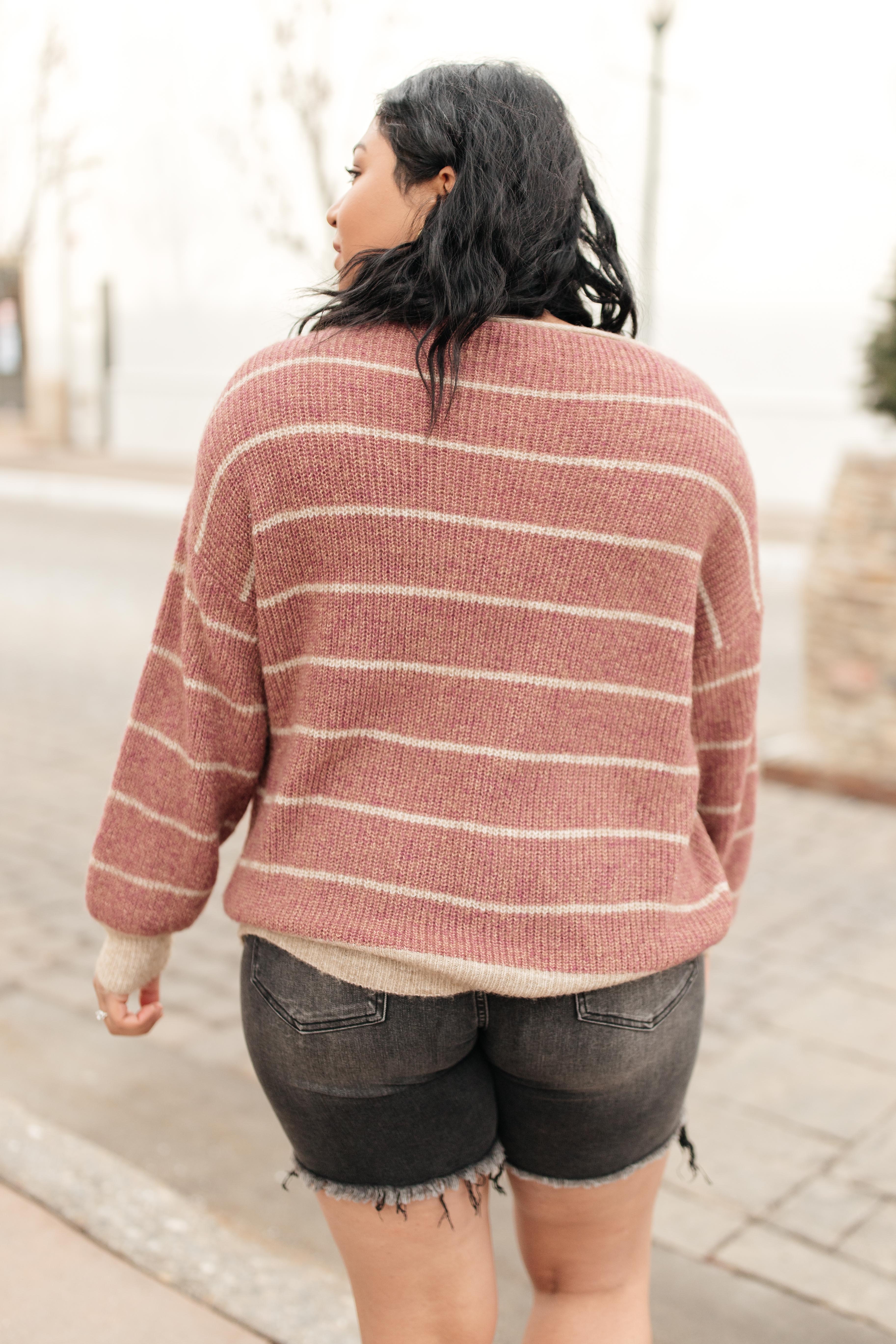 Ribbed and Striped Sweater in Mauve