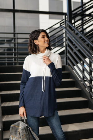 Rise Above Cowl Neck In Blue & White