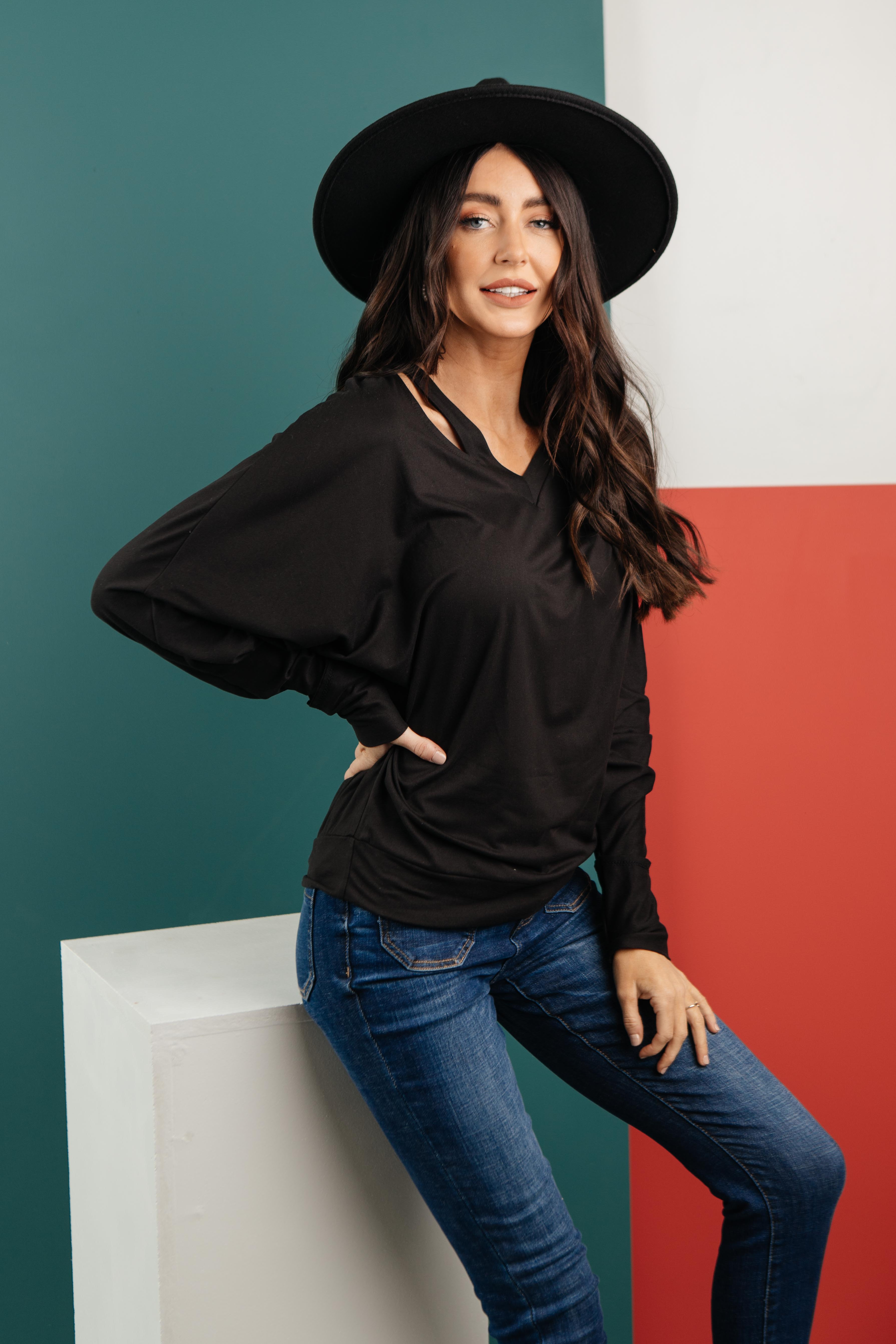 The Lillian Cut-Out Neckline Top in Black