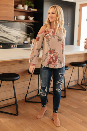 Waffle Meets Floral Top in Taupe