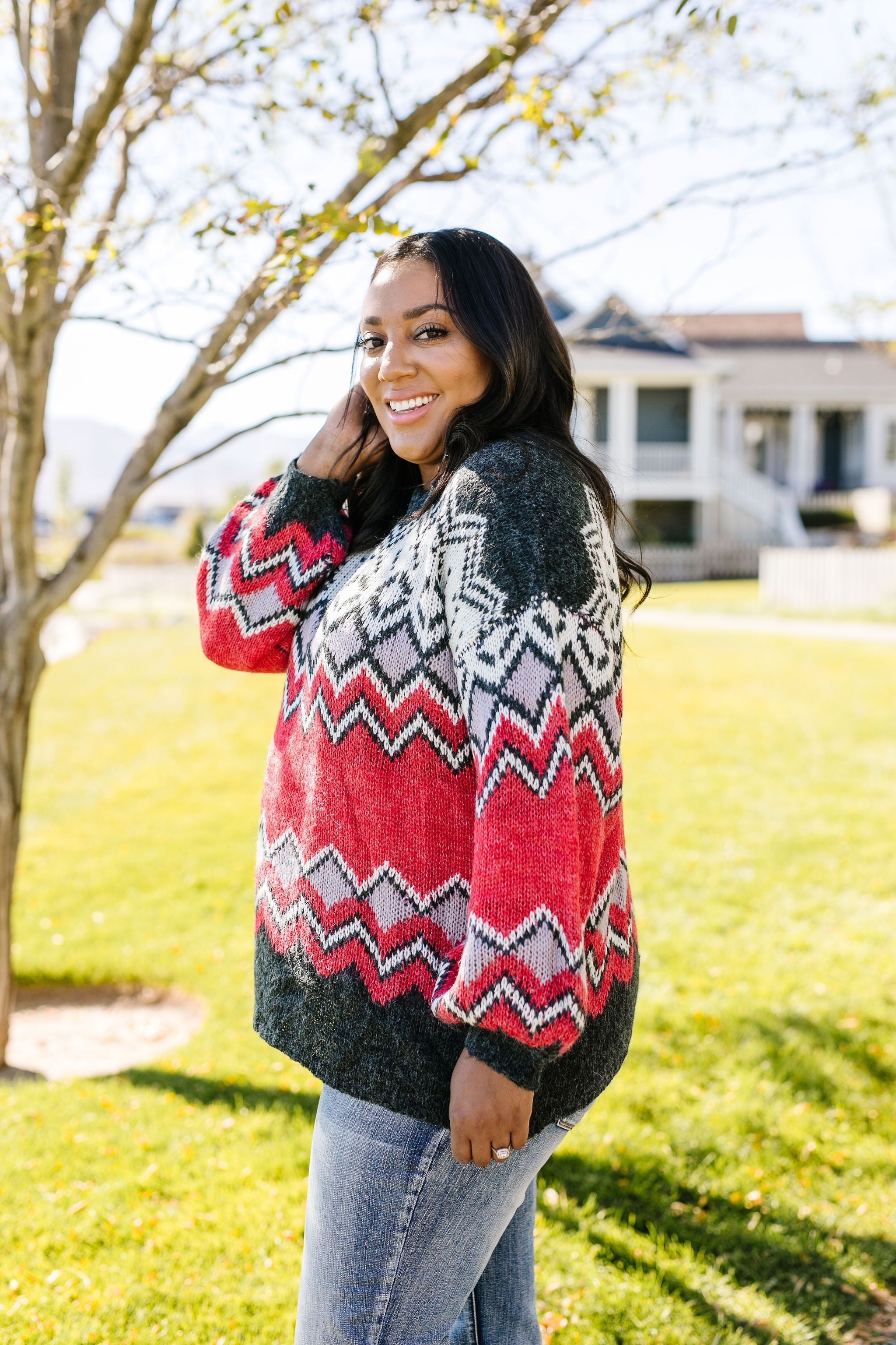 Fair Isle Sweater In Charcoal + Red