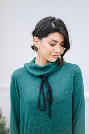 Hop To It Cowl Neck Tunic In Hunter Green