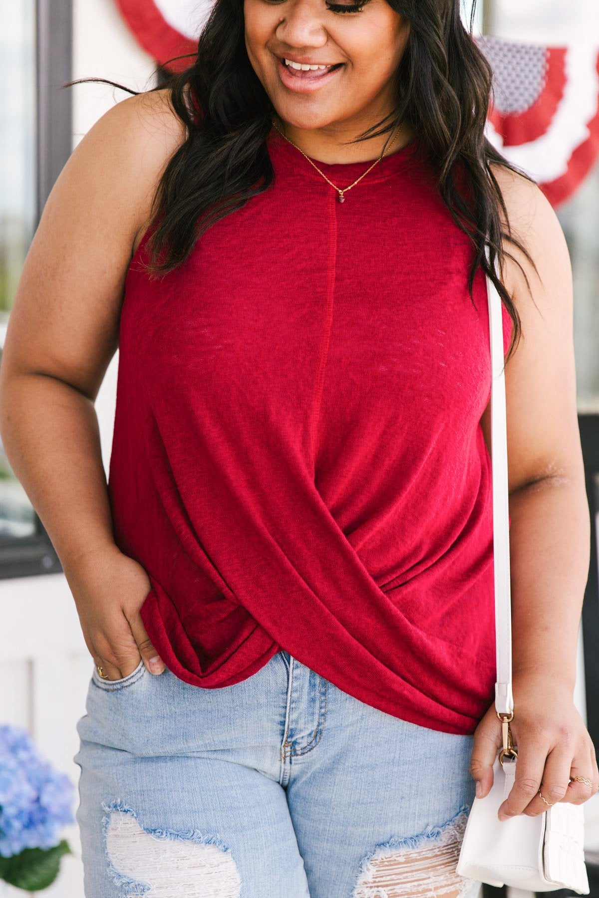 Knotted Hem Tank in Ruby Red
