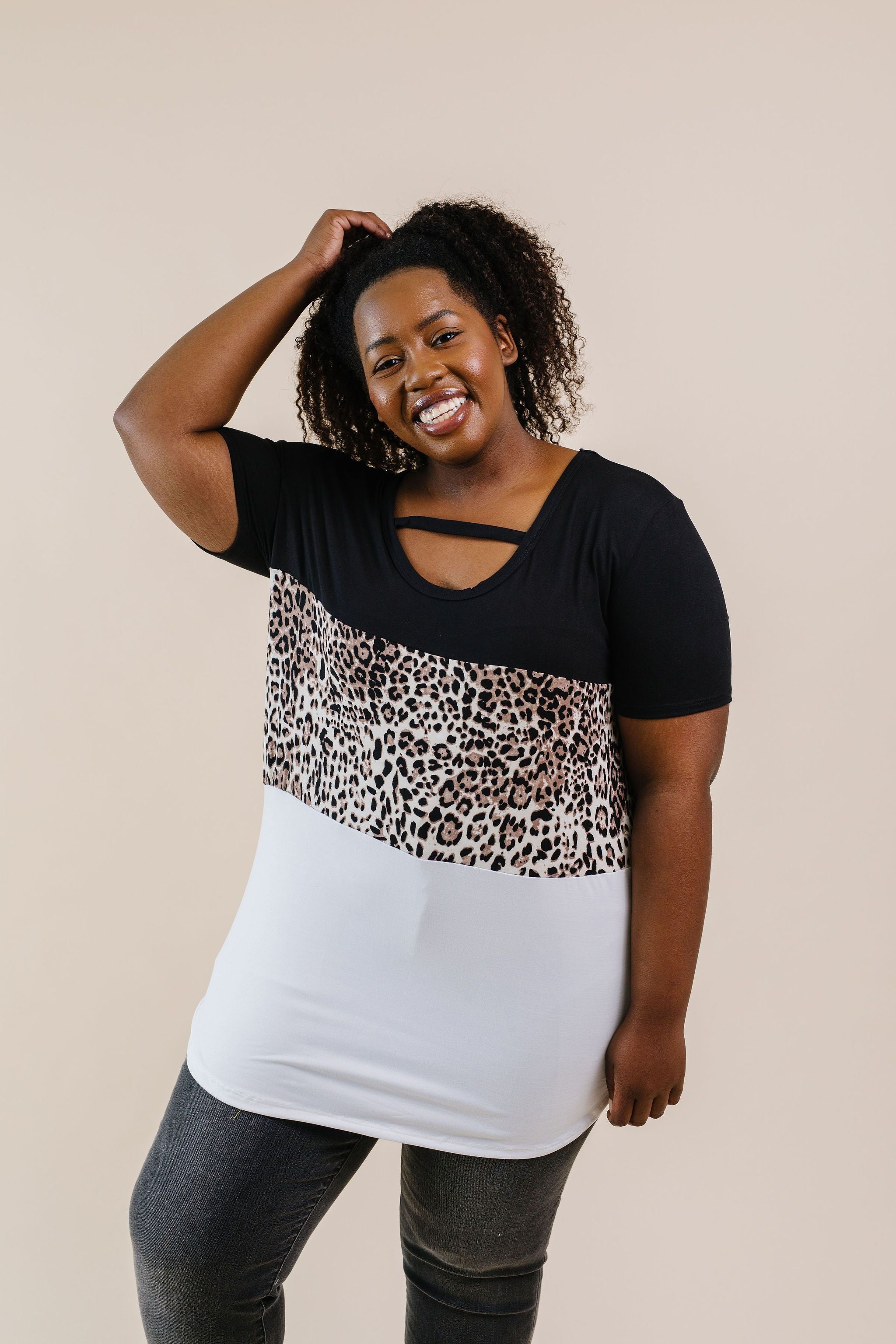 Leopard In The Middle Color Block Top In Black & White