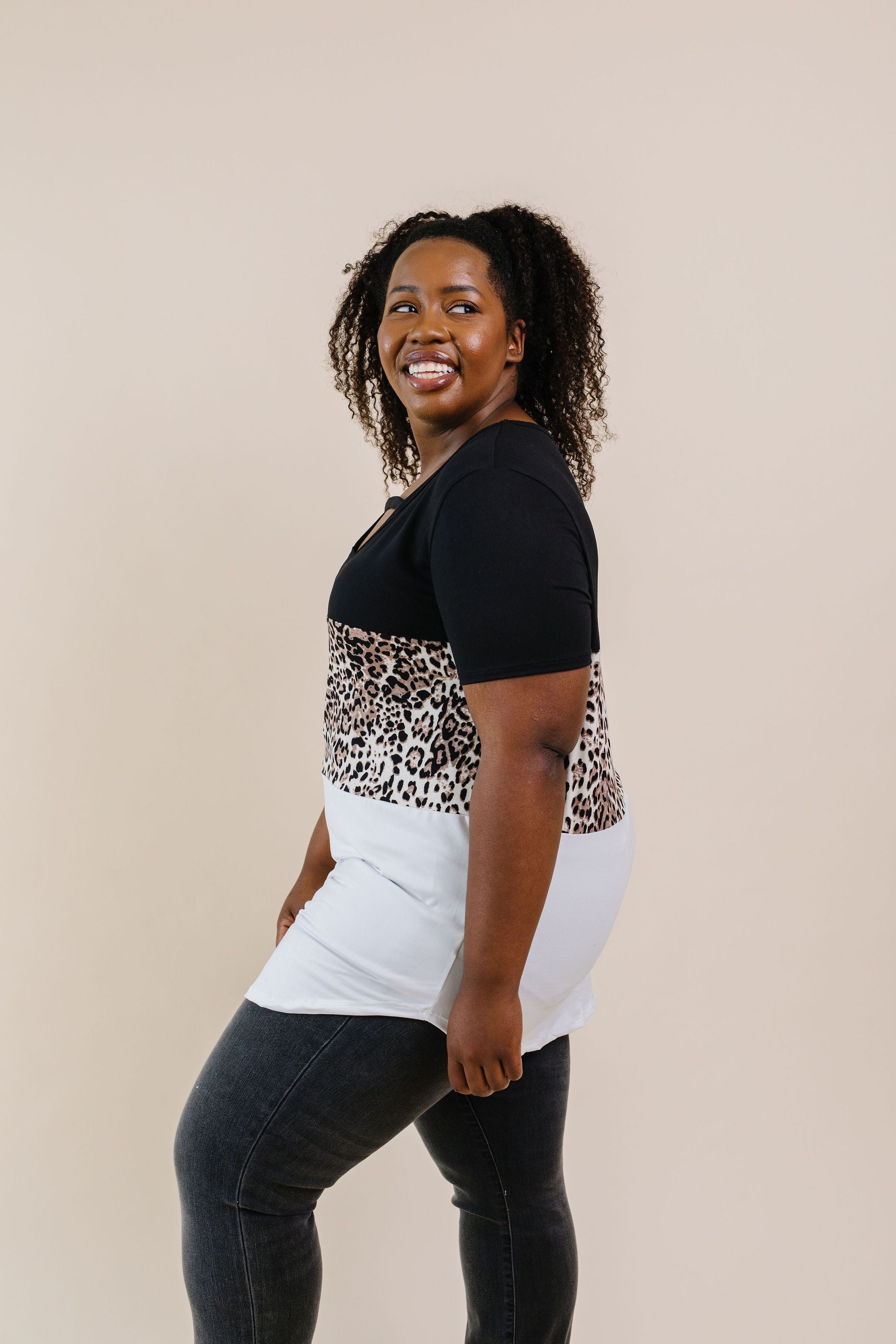 Leopard In The Middle Color Block Top In Black & White