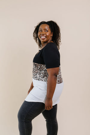 Leopard In The Middle Color Block Top In Black & White
