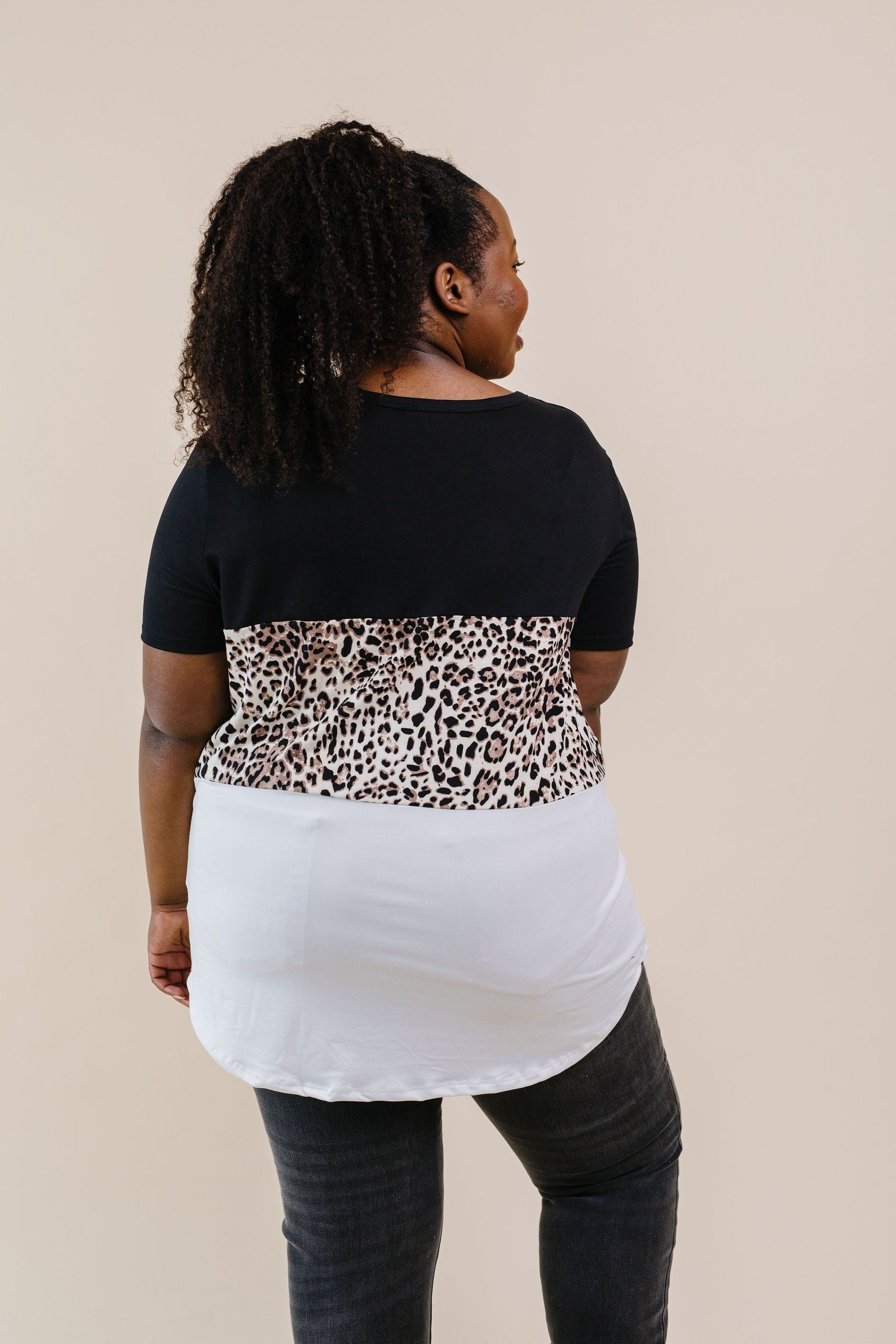 Leopard In The Middle Color Block Top In Black & White