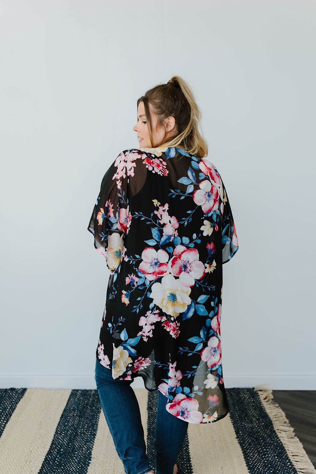Lightweight Floral Kimono In Black