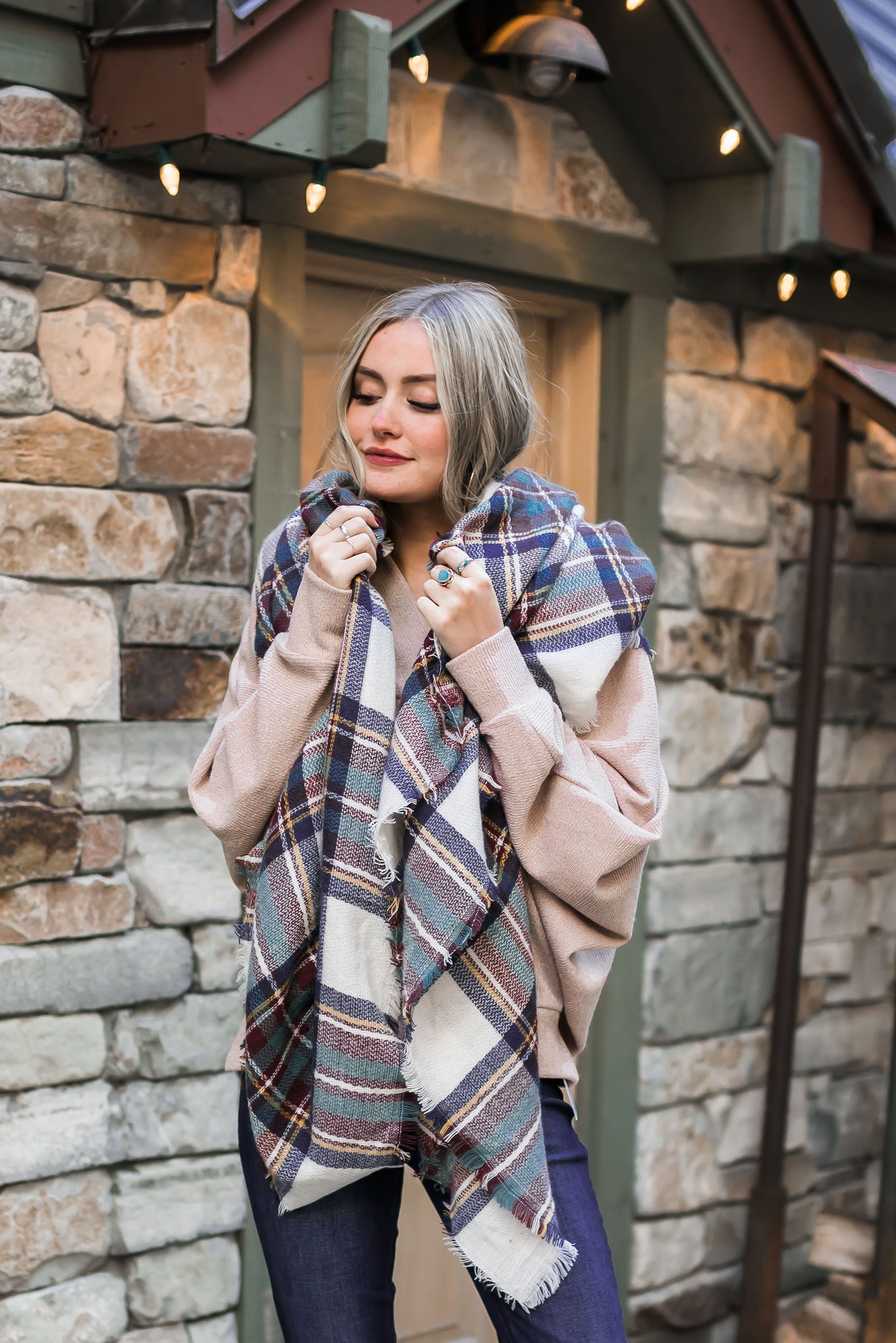 Mad For Plaid Blanket Scarf In Wine + Sage