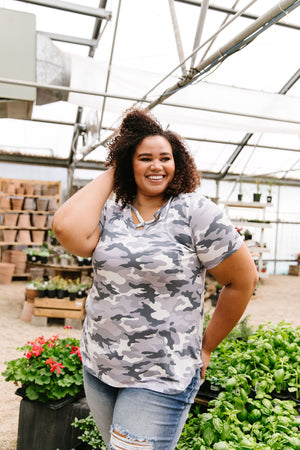 Pale Gray Camo Crisscross V-Neck