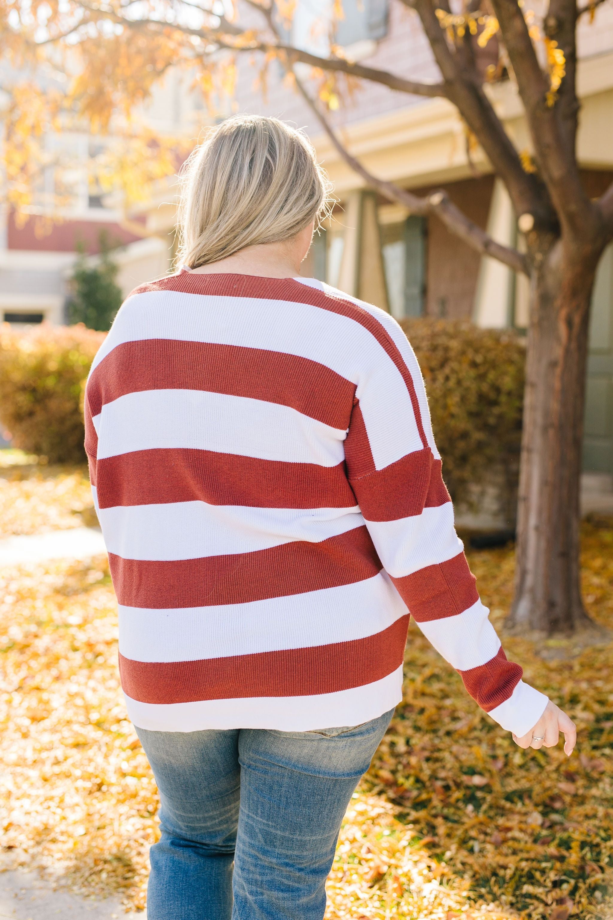 Room With A View Striped V-Neck Sweater in Rust