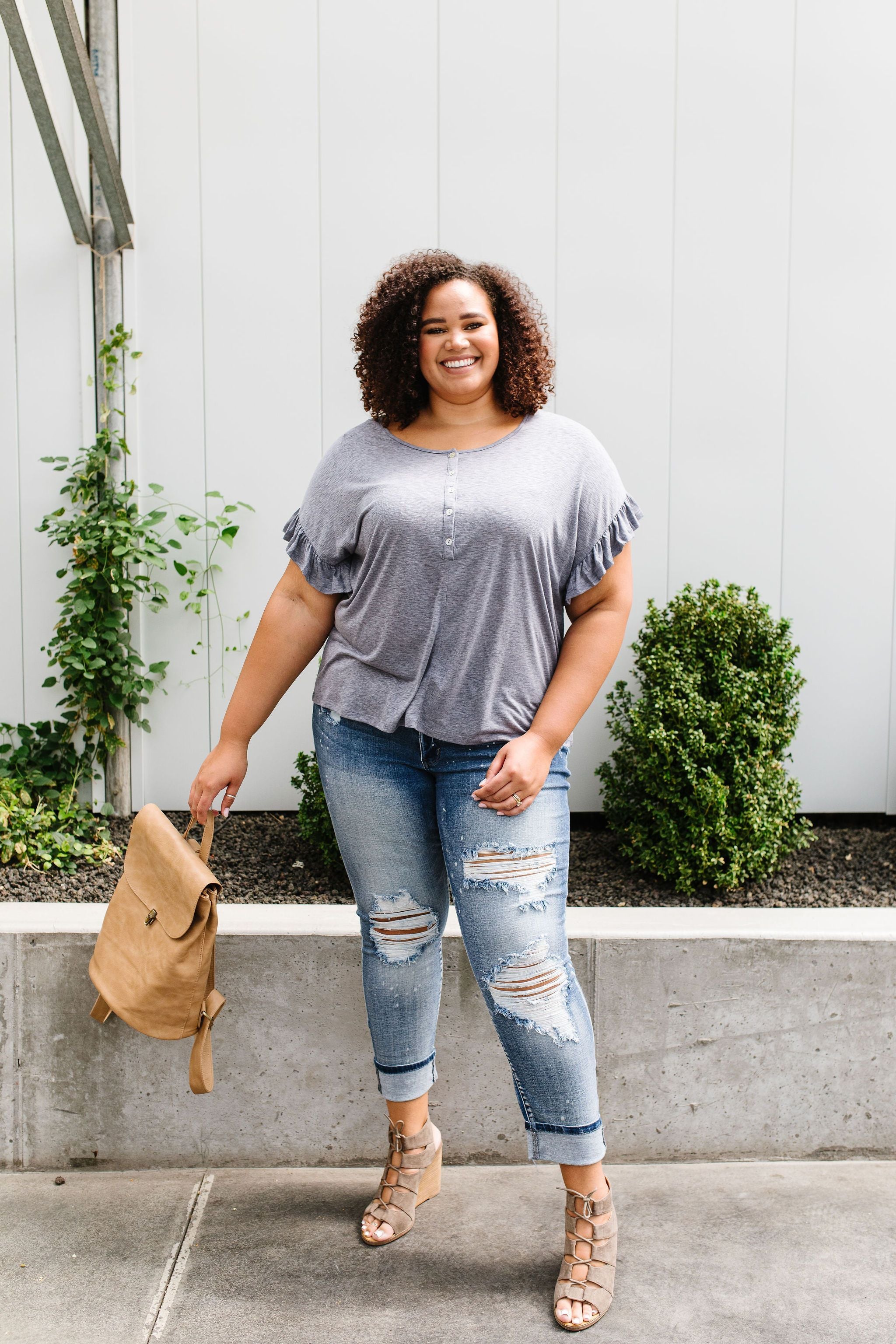 Ruffled Sleeve Button Down In Faded Denim
