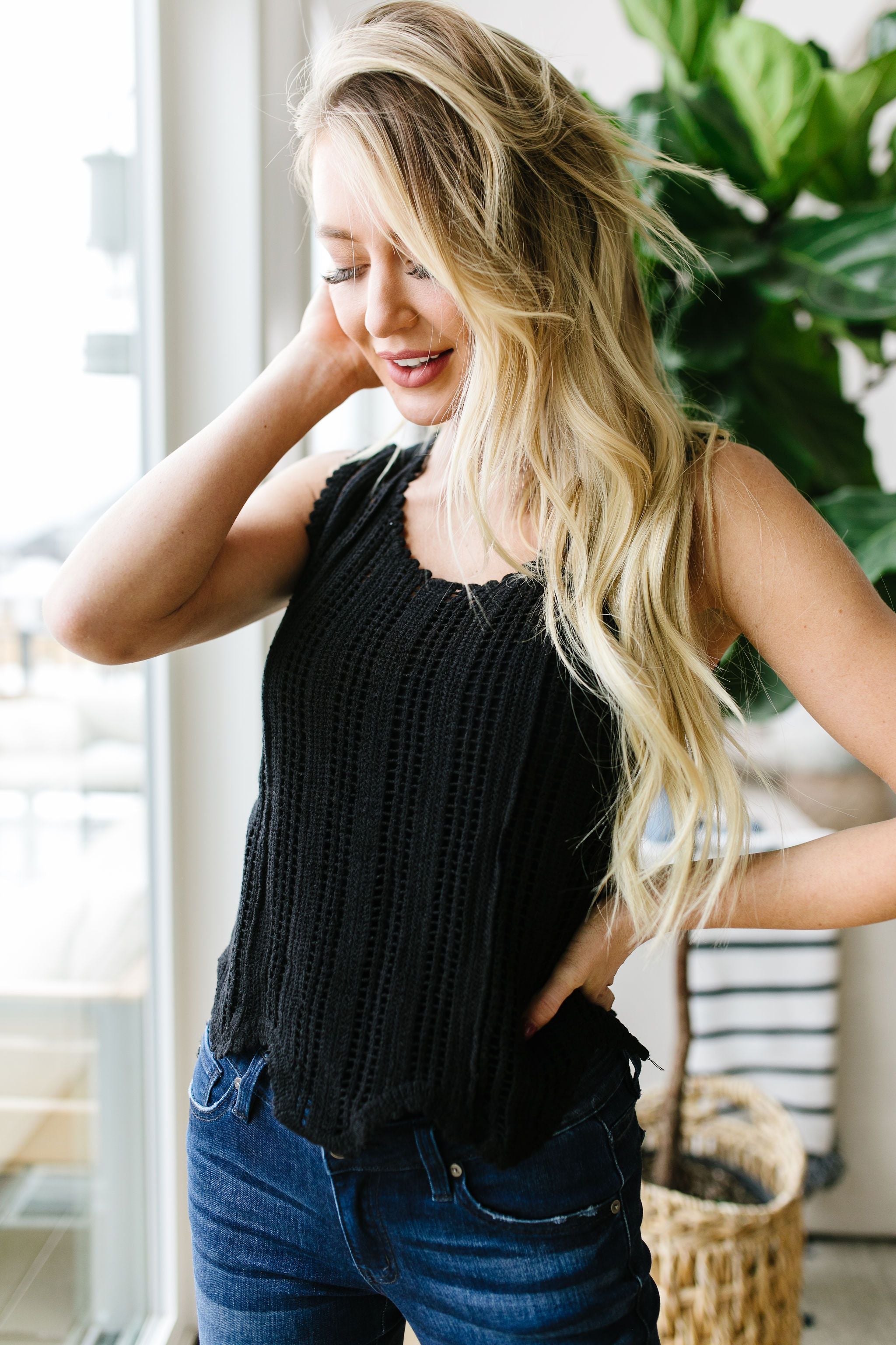 Sheer Scalloped Sweater In Black