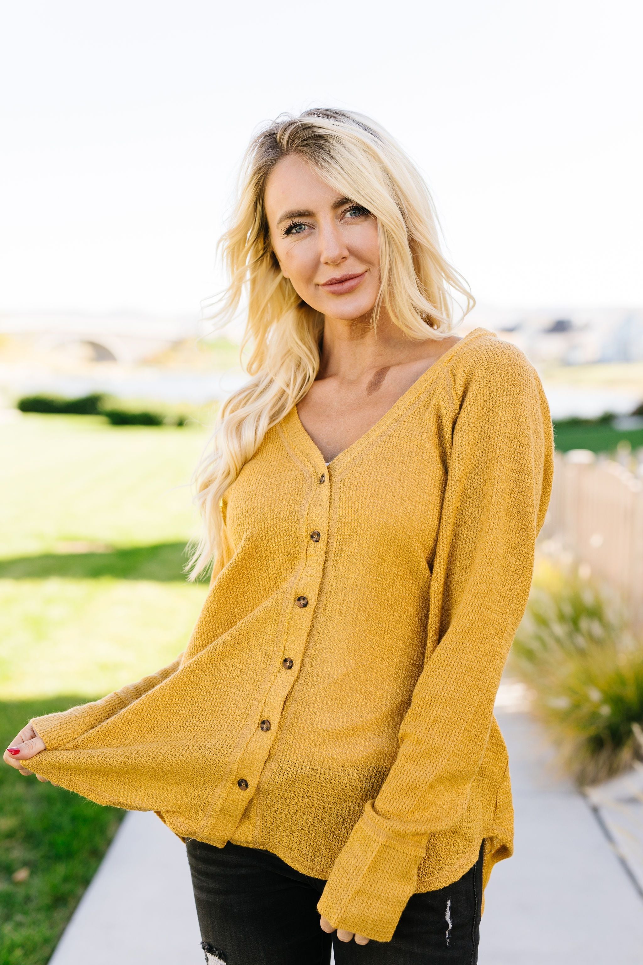 Sweet As Honey Waffle Knit Button-Down