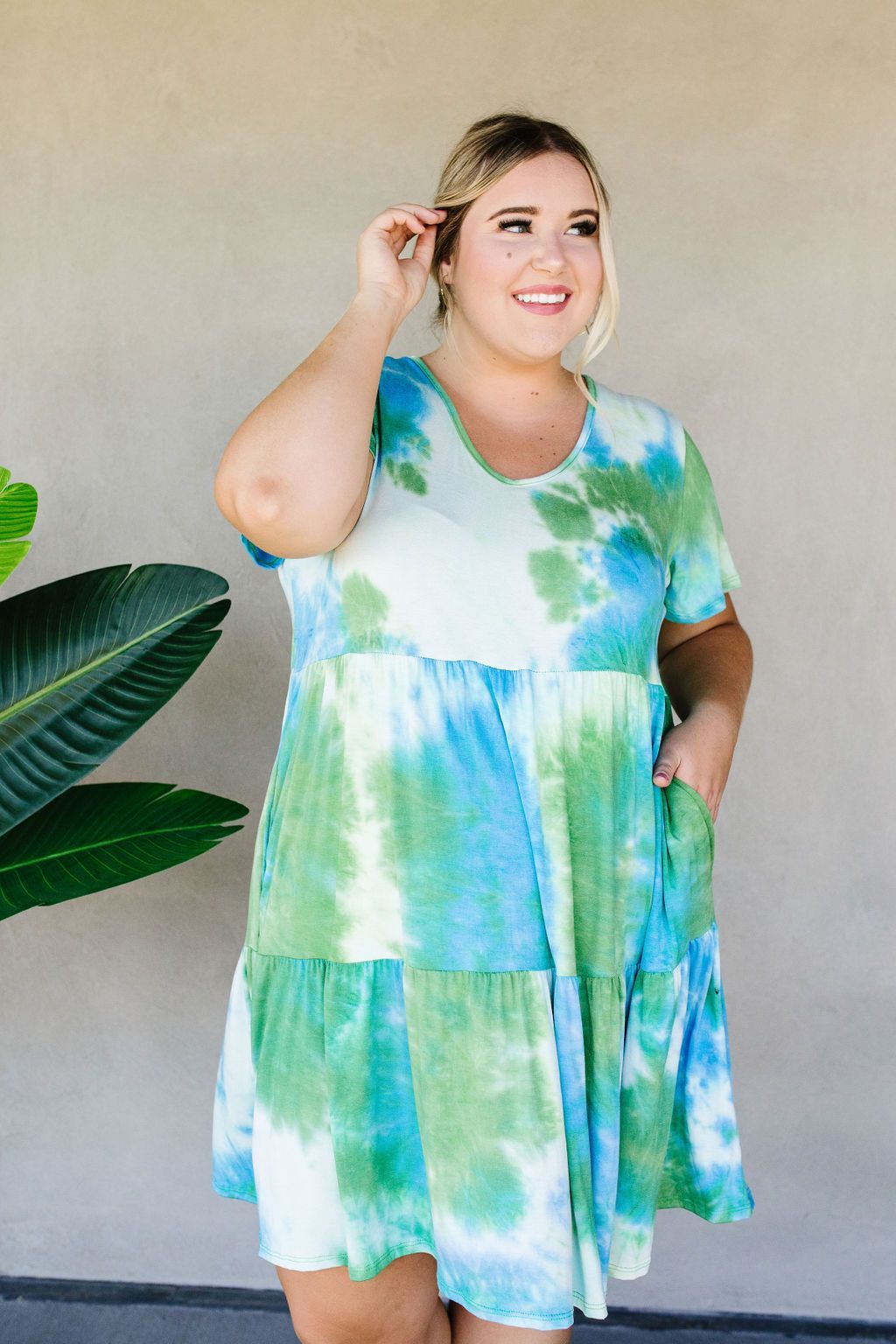 Tiered Tie Dye Dress In Turquoise & Green